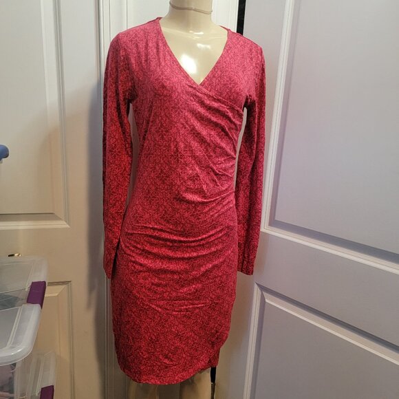 Kuhl Dress Red Print Long Sleeve Faux Wrap Ruched Display// Sample//New - Picture 4 of 11